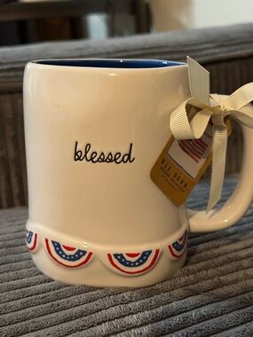 Rae Dunn White Mug with Patriotic Red & Blue Accents
